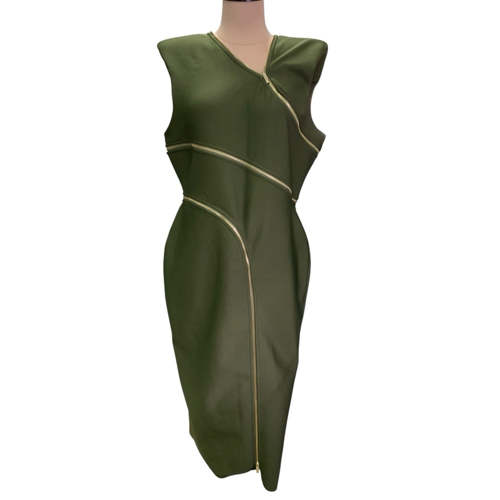 KAREN MILLEN Bandage Form Fitting Zip Detail Midi Dress Khaki Size Large NWTS